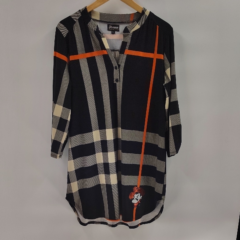 Avenue Black Plaid Tunic Dress with Orange Accents